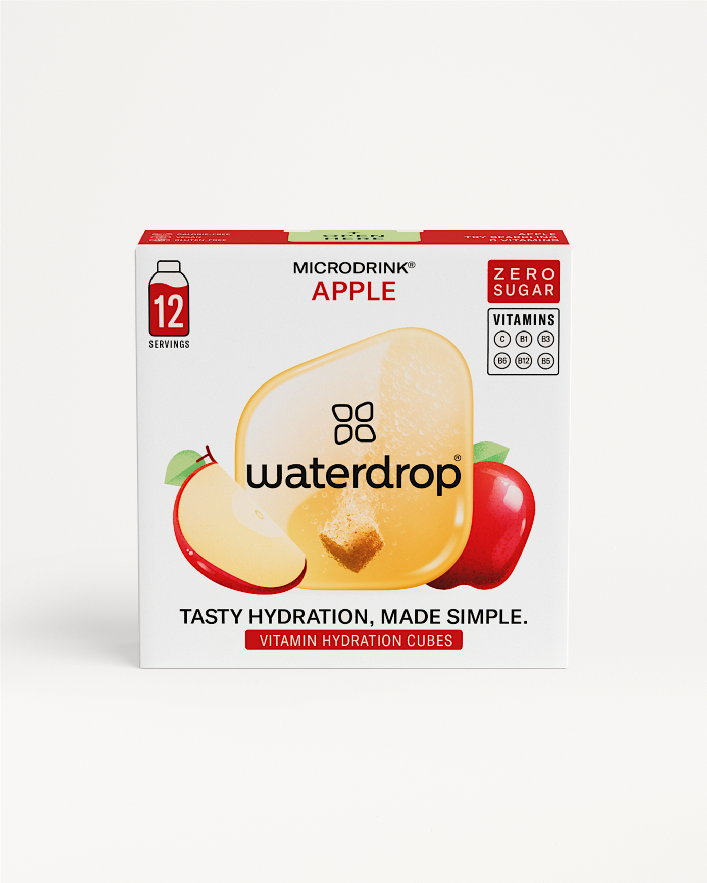 APPEL: Een rode en gele pil en een rood-witte fles met getal, om water smaak te geven met frisse appelsmaak. Geproefd en goedgekeurd door de waterdrop® Community.