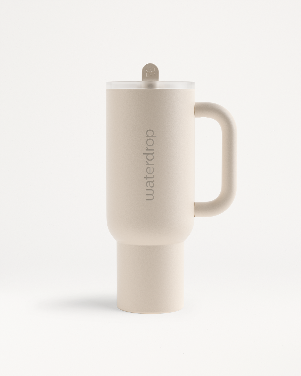 Explorer Thermo Drinkbeker, een witte keramische mok met handvat, ontworpen voor langdurige drinkervaringen. Ideaal voor reizen, houdt drankjes tot 12 uur koud met stijlvol opklapbaar rietje.