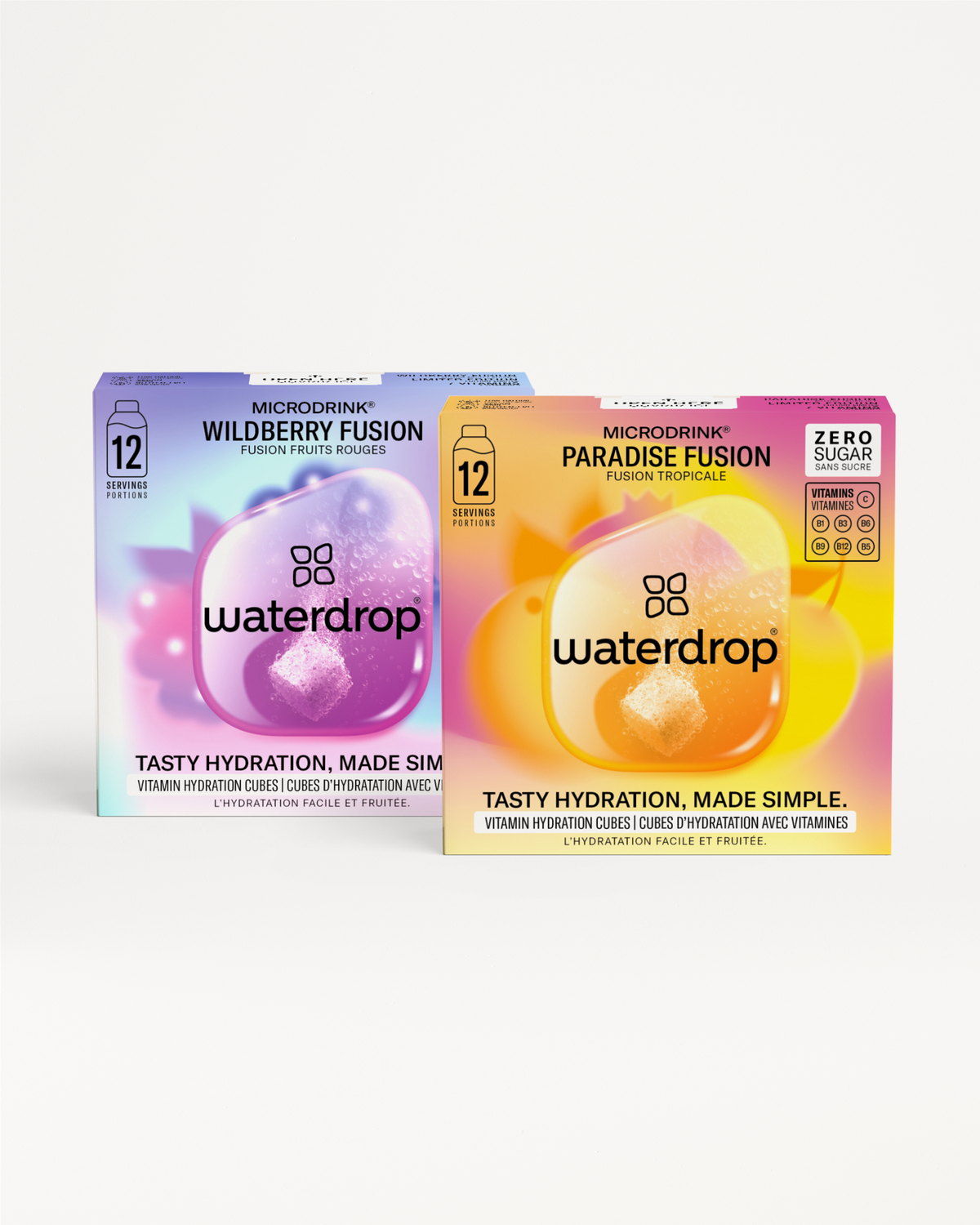 Duopakket Fusion met Waterdrop MICRODRINK dozen: links Wildberry Fusion en rechts Paradise Fusion met Zero Sugar. Beide bieden 12 porties vitaminerijke hydratatie met de slogan Tasty hydration, made simple.