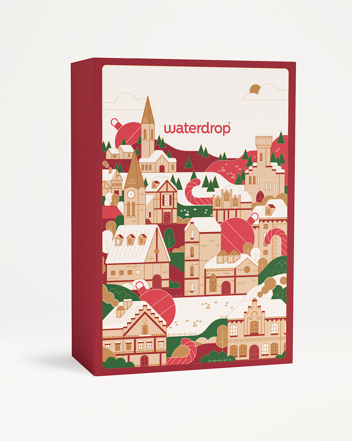 Kerstgeschenkdoos met een afbeelding van een stad, perfect voor het feestelijk verpakken van waterdrop® producten als Microdrink en Microtea, benadrukt de sfeer van kerst en hydratatiegeschenken.