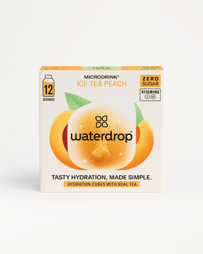 Kies je goodie: doosje waterdrop Microdrink Ice Tea Peach, 12 suikervrije hydratatieblokjes met vitaminen C en B3. Voor eenvoudige, smaakvolle hydratatie met echte thee, bruisend in water.