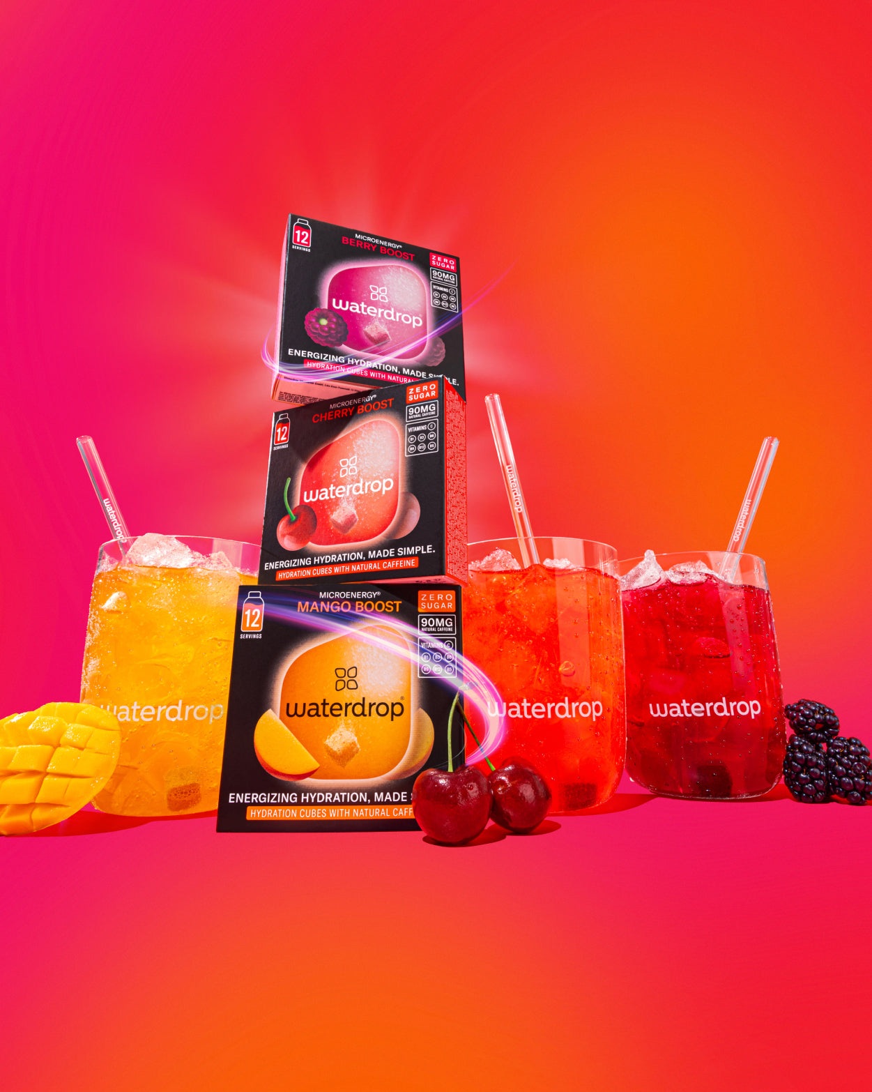 Microenergy Booster Set: een krachtige set energiedranken met mango-extract, verpakt in stijlvolle flessen, perfect voor een energieboost. Ideaal voor fans van suikervrije en caloriearme dranken van waterdrop® NL.