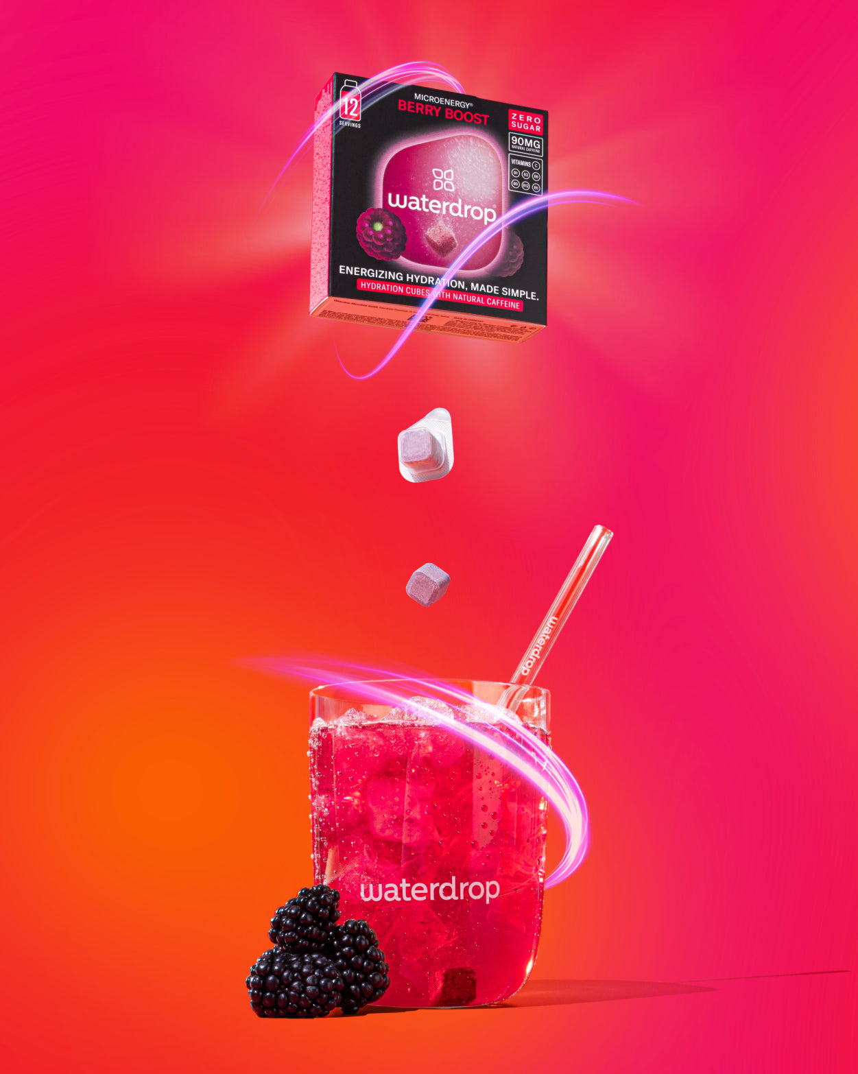 Microenergy Booster Set: een krachtige energiedrankset met drie smaken. Afgebeeld zijn een close-up van een reageerbuis, een groep bramen, en een label, passend bij waterdrop®'s innovatieve drankaanbod.