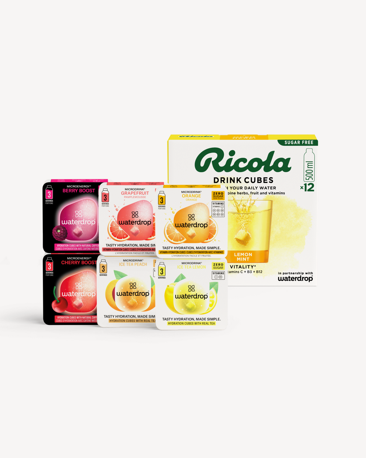 Waterdrop® x Ricola Taster Set: Zes waterdrop® microdrinkdoosjes en een Ricola® Drink Cubes doos in citroenmunt smaak. Bevat smaakvolle, suikervrije hydratatieopties met thee, vruchten en kruiden, ideaal voor onderweg.