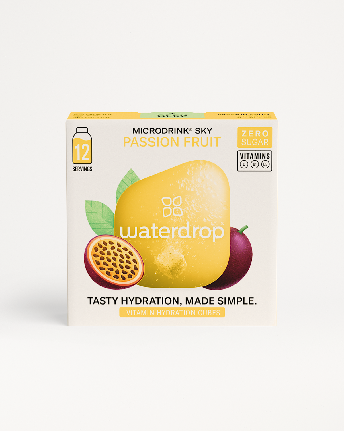 Kies je 12-Pack: De verpakking van waterdrop® Microdrink® Sky toont 12 suikervrije hydratatieblokjes met passievruchtsmaak, verrijkt met vitamine C, B1 en B3. Slogan: Tasty hydration, made simple.