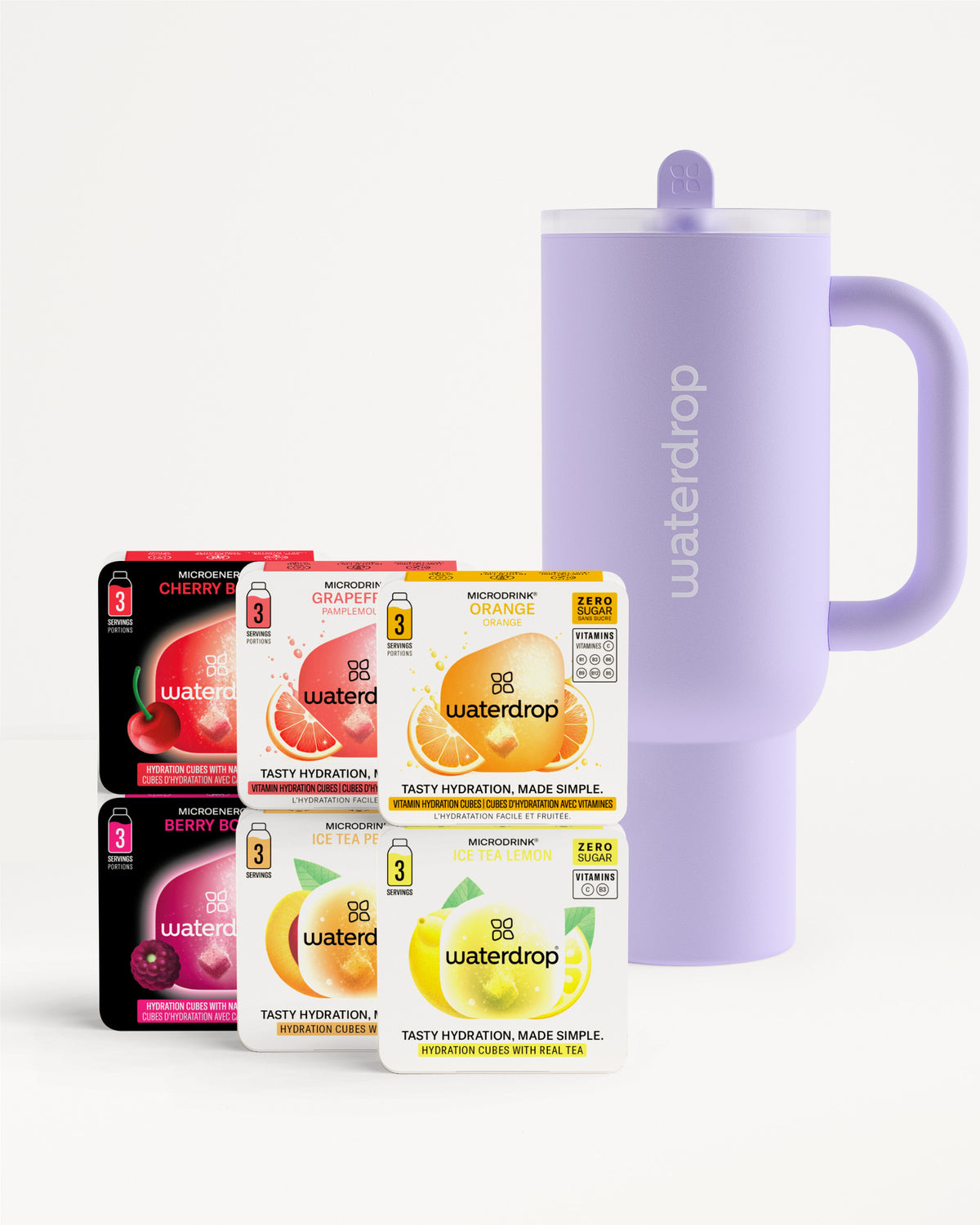 Starter Set Explorer Thermo Drinkbeker naast zes Waterdrop Microdrink doosjes met smaken zoals Kers Zwarte Thee en Grapefruit. Deze dubbele beker houdt drankjes tot 12 uur koud en heeft een opklapbaar rietje.