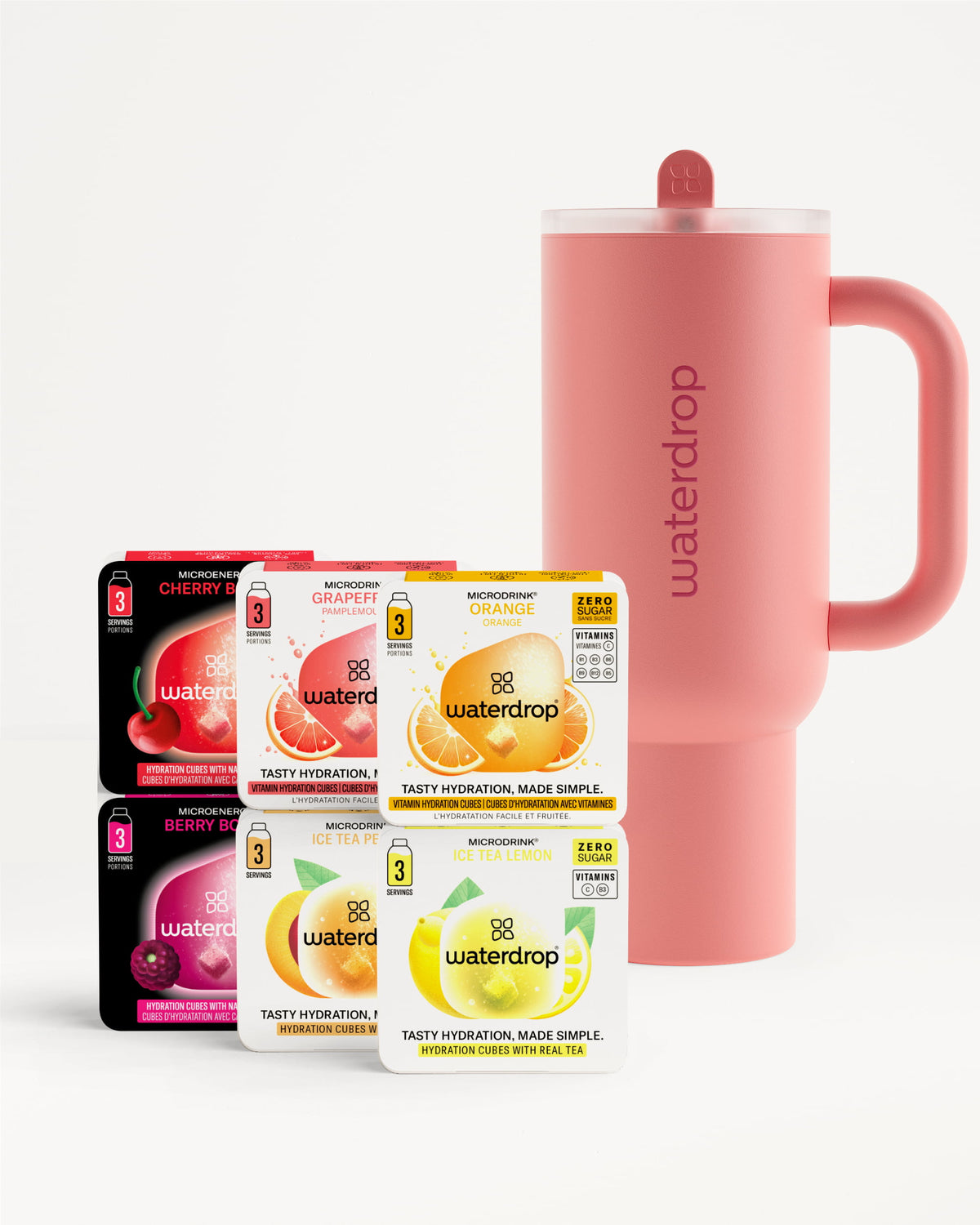 Starter Set Explorer Thermo Drinkbeker met vijf waterdrop® smaken: Cherry Berry, Berry Boost, Grapefruit, Orange, en Ice Tea Lemon. Inclusief roze, matte thermobeker met handvat en opklapbaar rietje voor handig drinken.
