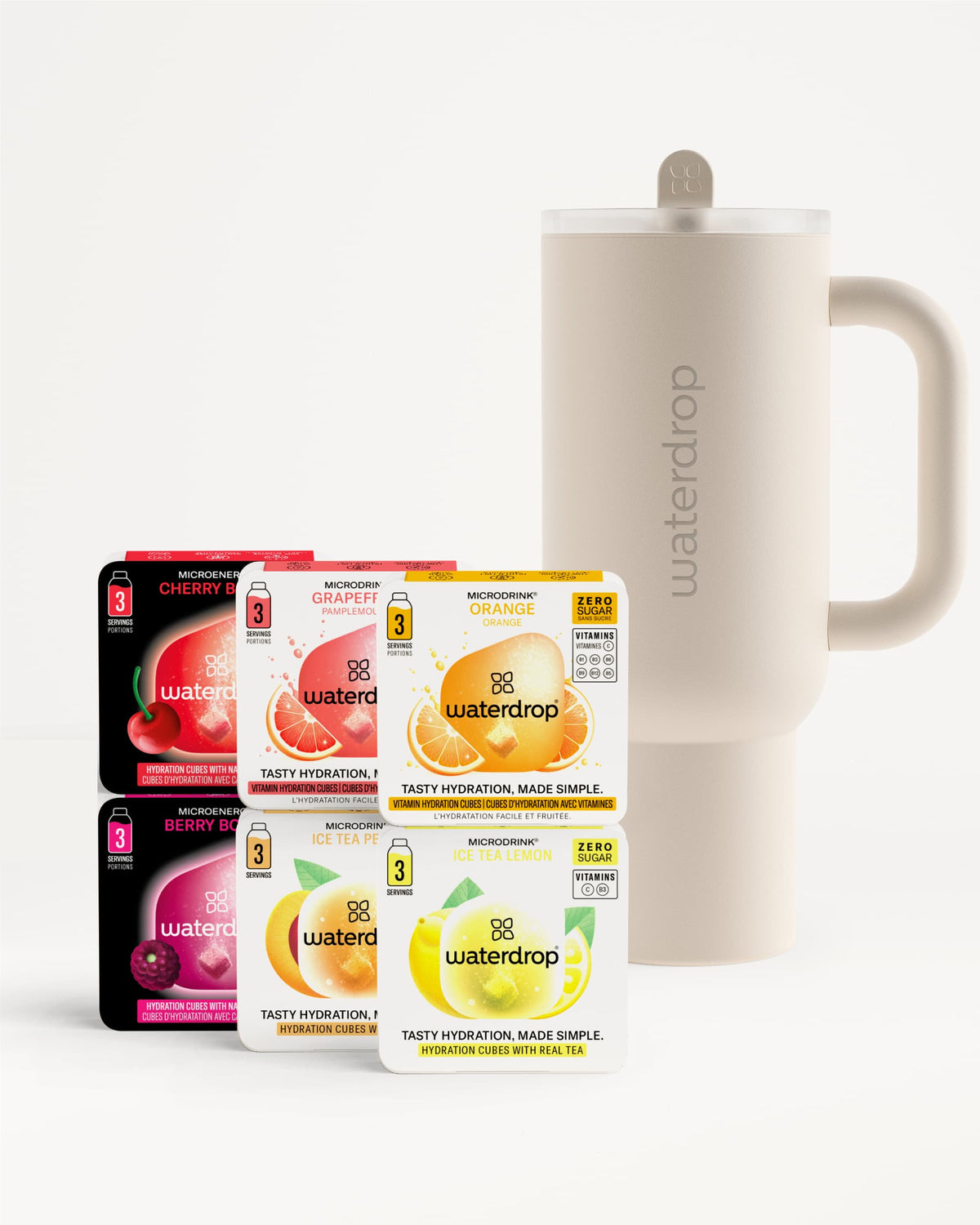 Starter Set Explorer Thermo Drinkbeker naast Waterdrop microdrinkdoosjes. Deze thermosbeker houdt dranken 12 uur koud en heeft een opklapbaar rietje, gecombineerd met suikervrije, fruitige hydratatiekubussen.