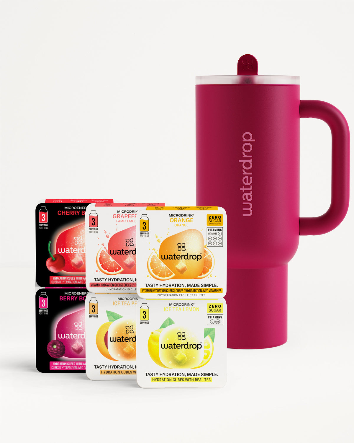 Starter Set Explorer Thermo Drinkbeker: Een hoge, diep-paarse geïsoleerde reisbeker met handvat en transparante deksel, omringd door vijf Waterdrop Microdrink doosjes met verschillende smaken, waaronder Cherry Berry en Ice Tea Lemon.