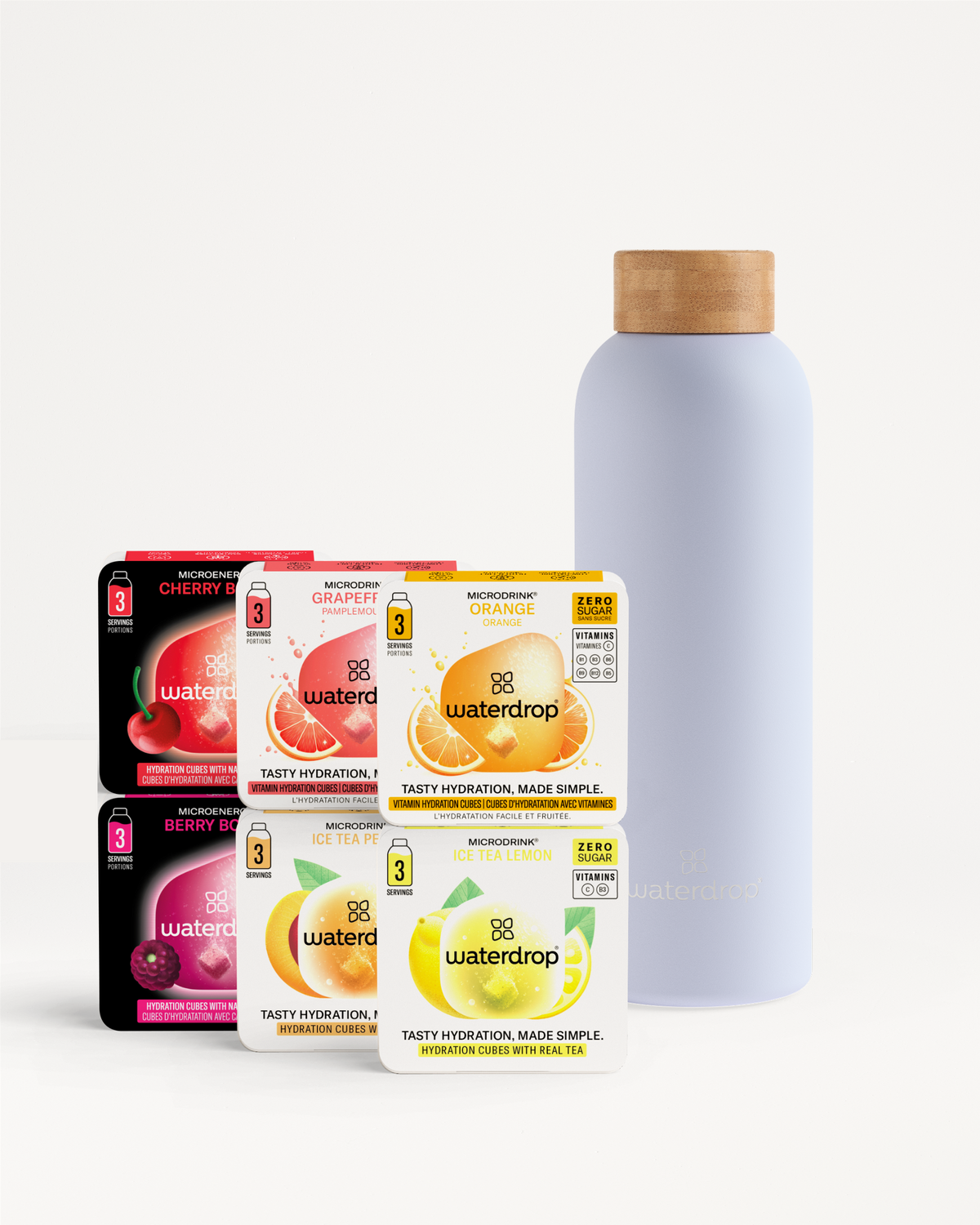 Starter Set Microdrink Thermo Steel with flavored hydration cubes and bottle.