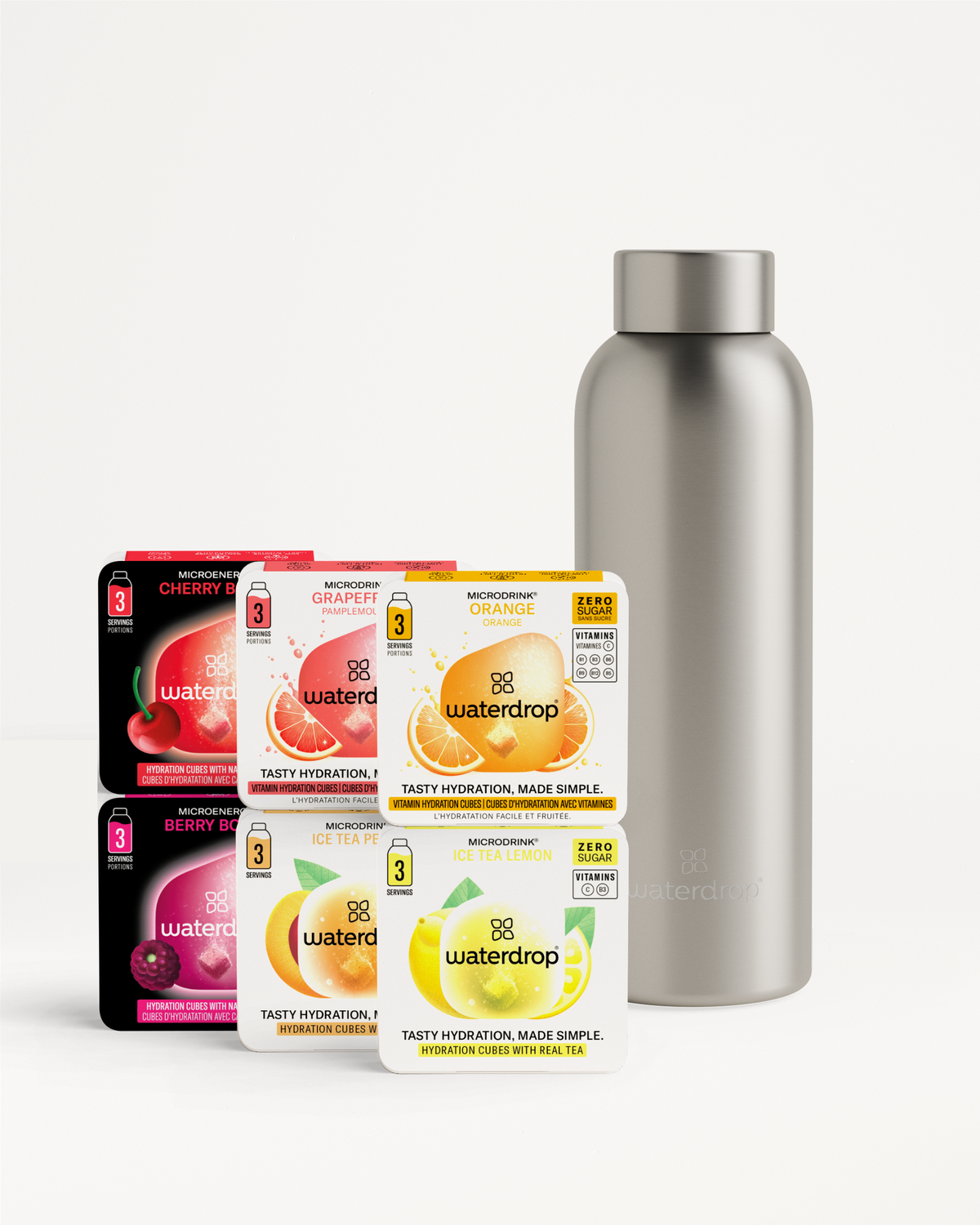 Starter Set Microdrink Thermo Steel with six flavor packs and bottle.