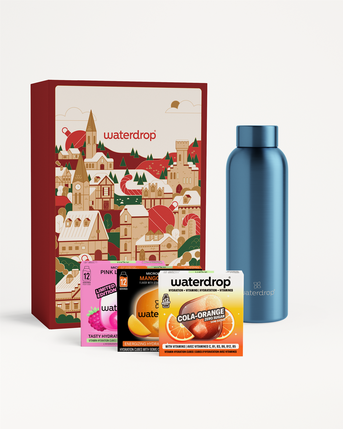 Steel Bottle Gift Set with hydration cubes and stainless steel flask.