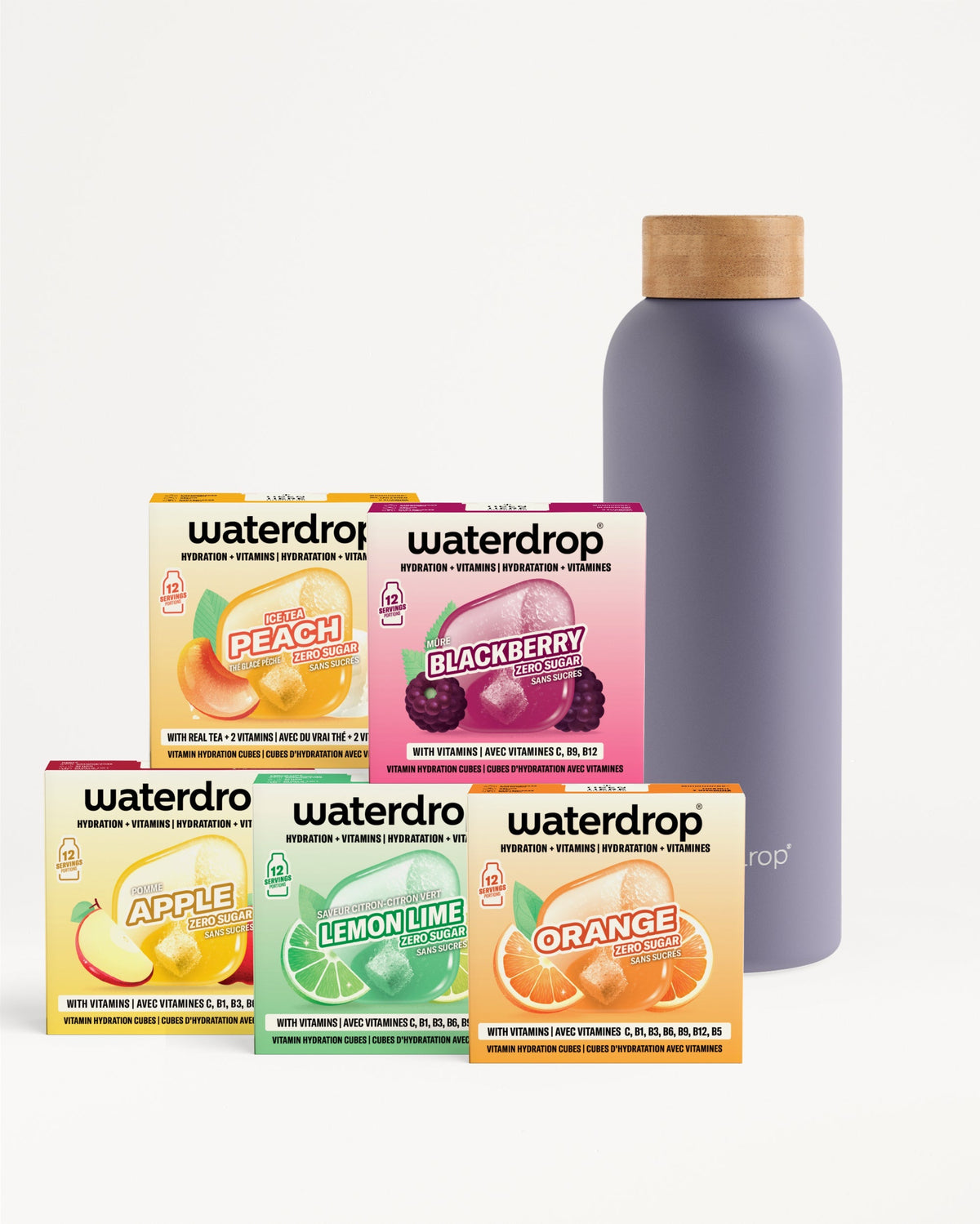 30 Dagen Starterset Thermo Staal: Vijf waterdrop® hydratatieblokjes in smaken zoals Ice Tea Peach en Blackberry, vergezeld van een stijlvolle herbruikbare fles met bamboe-achtige dop.