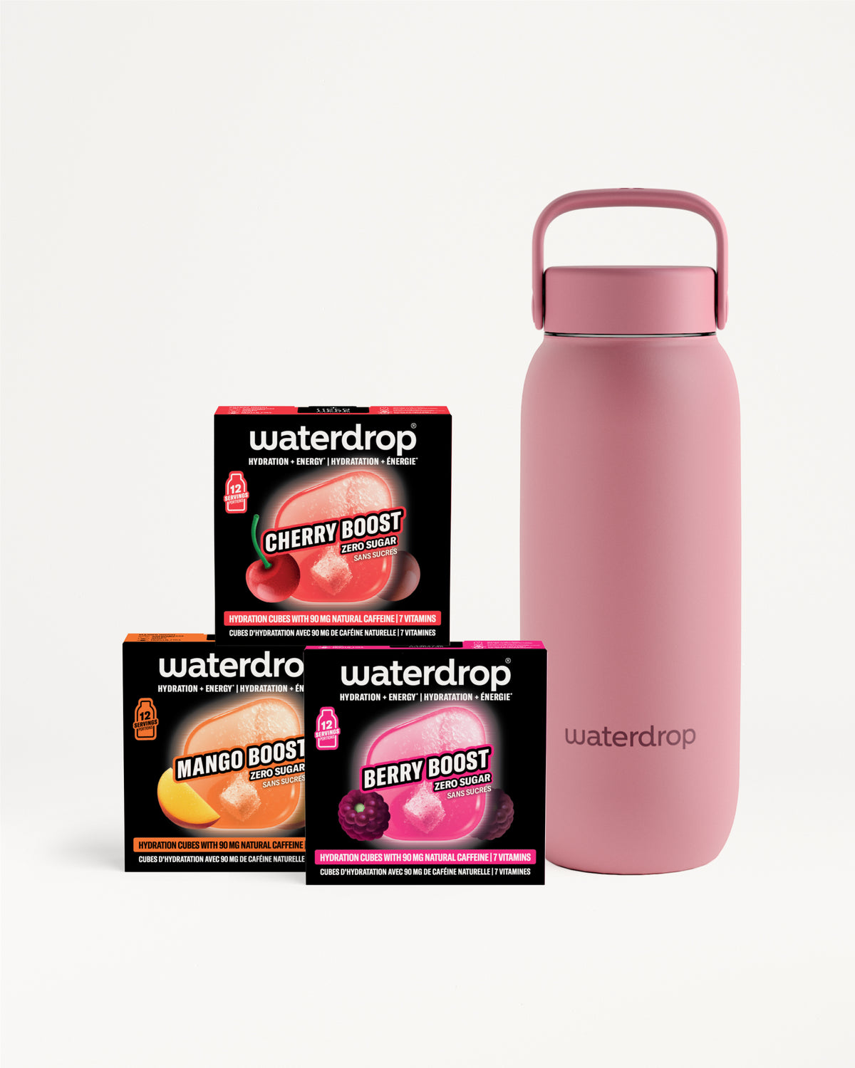 Verschillende Waterdrop-pakketten en een roze herbruikbare waterfles.