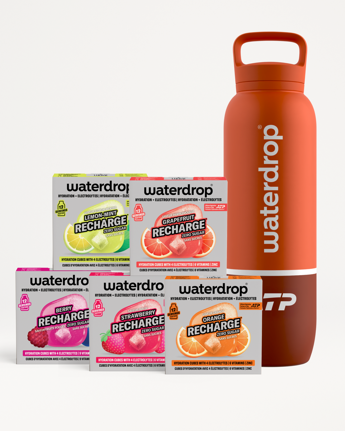 Verse Waterdrop Recharge smaakdoosjes naast een oranje herbruikbare fles.