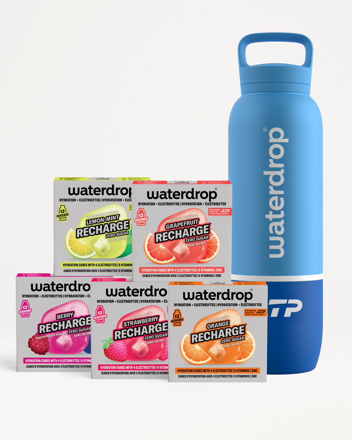 Blauwe Waterdrop herbruikbare fles met vier Recharge-smaken-boxen.
