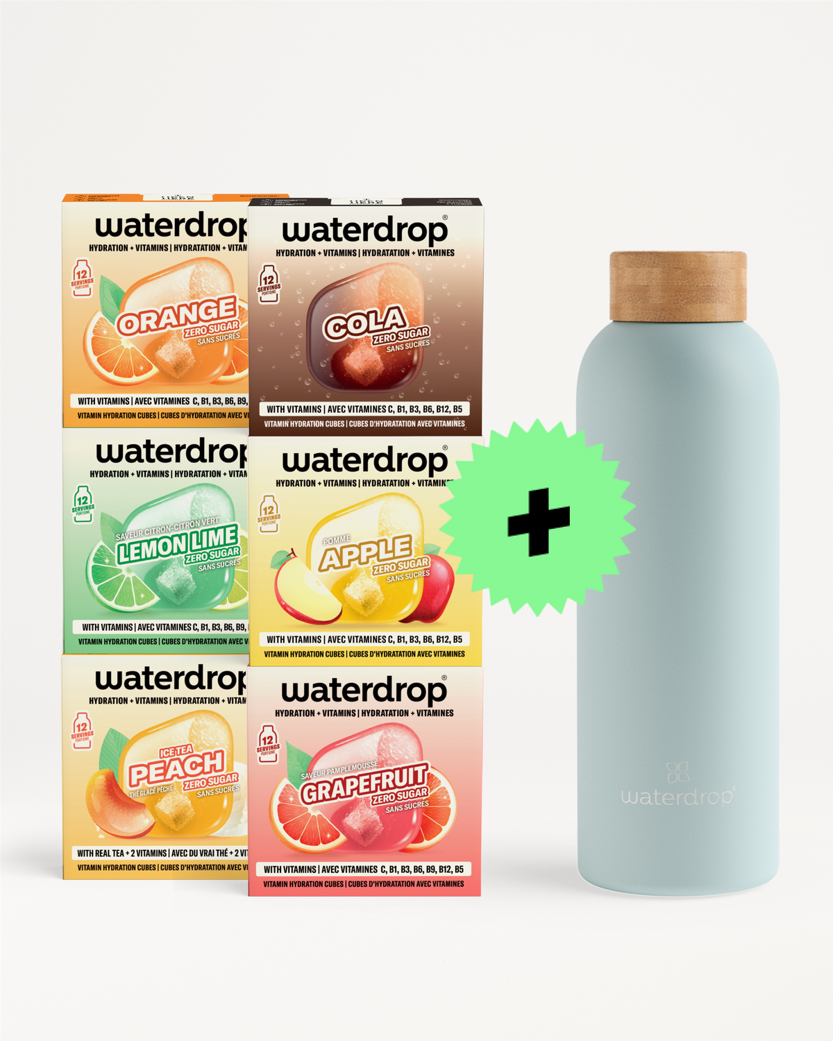 Verschillende Waterdrop-smaakdoosjes naast een lichtblauwe fles met houten dop en een groene plus-teken.