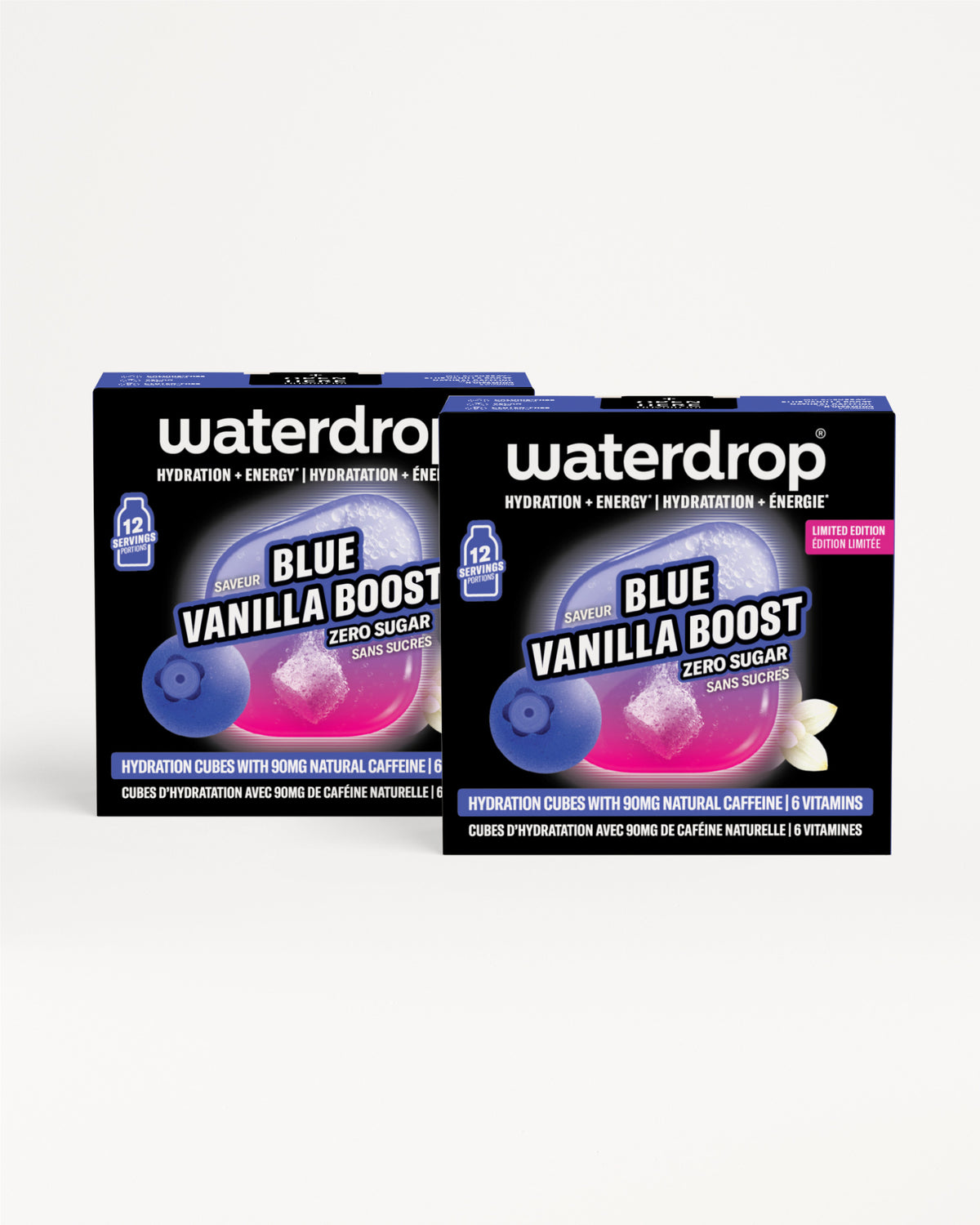 Twee blauwe Blue Vanilla Boost hydratatieblokjes dozen op een witte achtergrond.