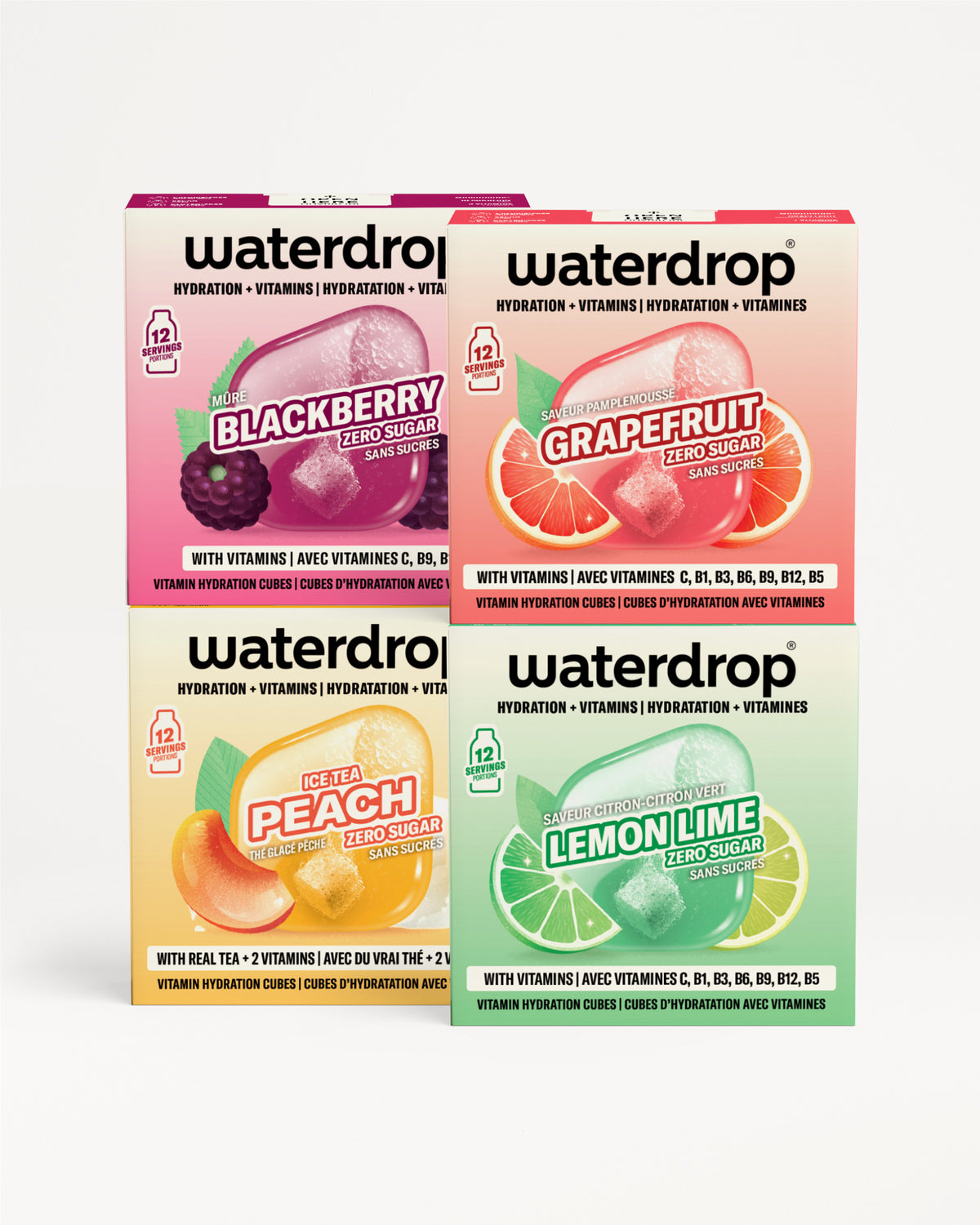 Vier Waterdrop-verpakkingen voor hydratatie in een 2x2-raster geplaatst.