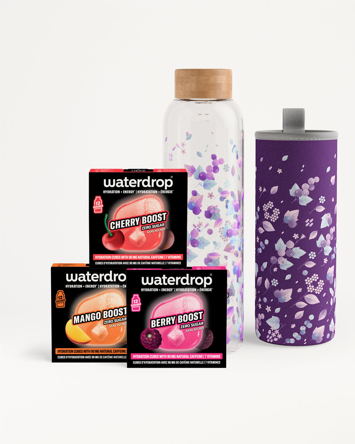 Verschillende Waterdrop smaakboost-pakketten en een paarse fles met bloemendessin.