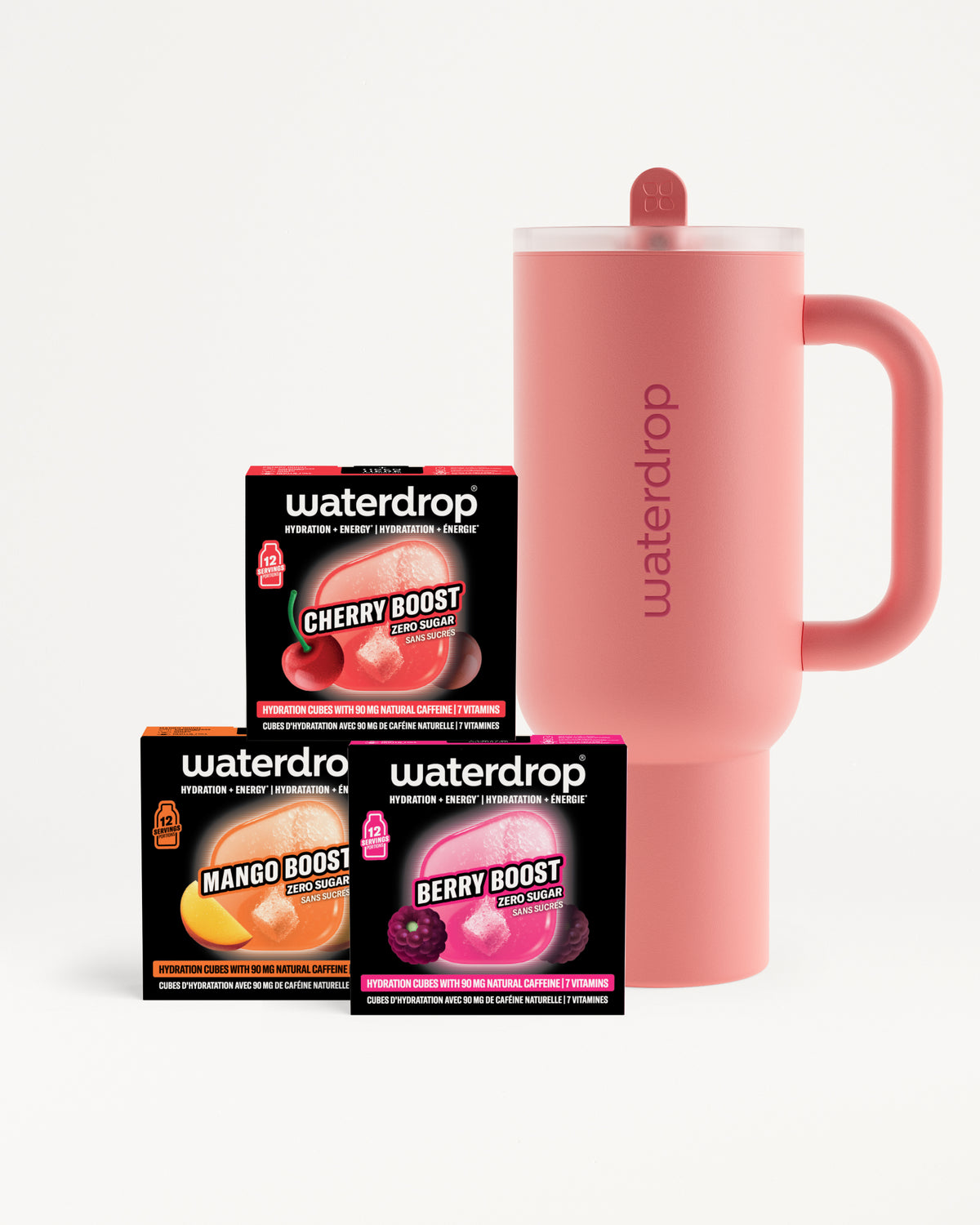 Roze fles met handvat naast drie zwarte Waterdrop smaakboxen.