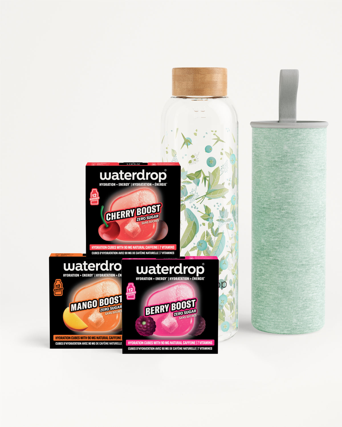 Set van drie Waterdrop Flavor Boost-doosjes met een glazen infusiebottle en een lichtgroene beker.