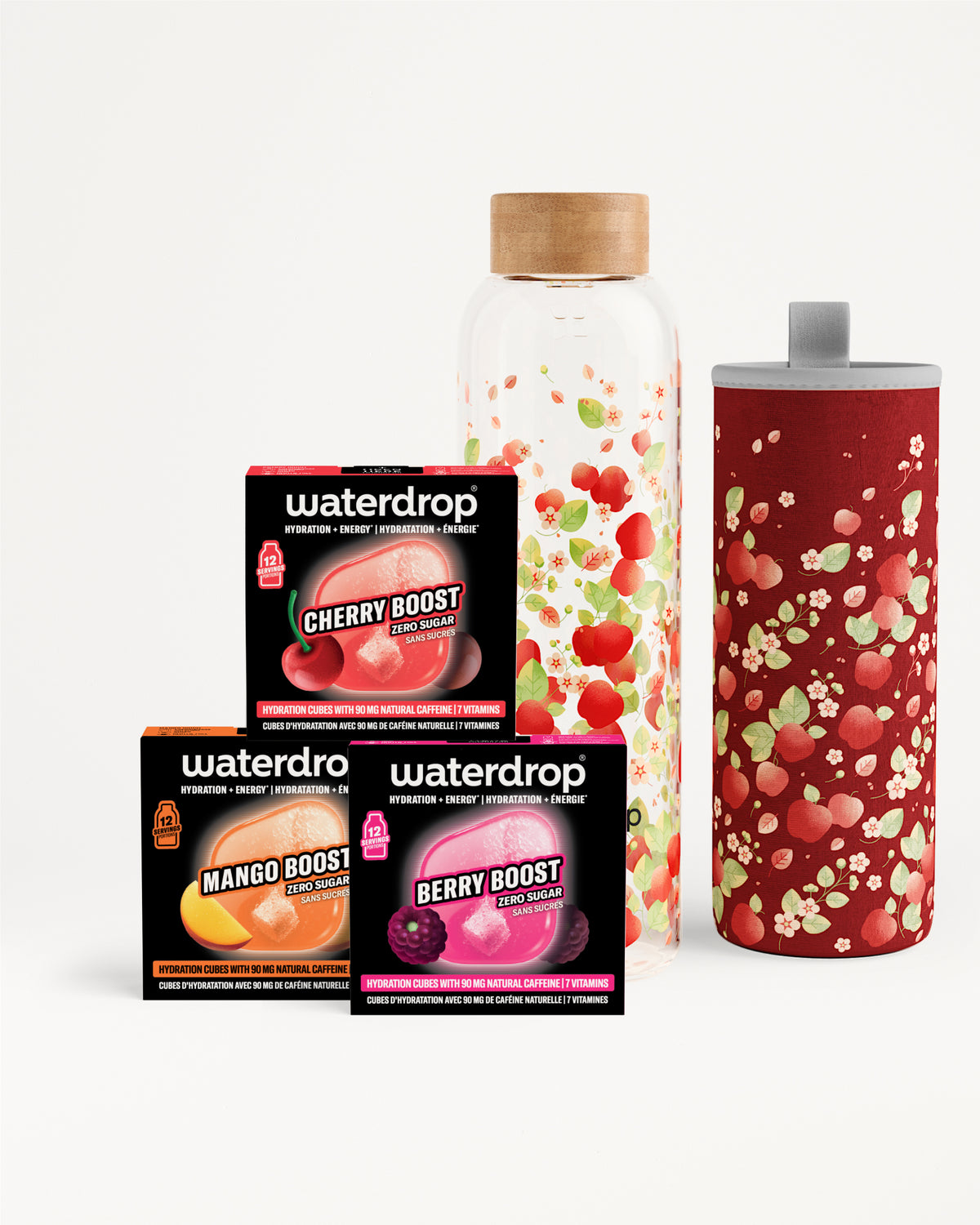 Assortiment Waterdrop-smaakboosters met glazen fles en rode beker.