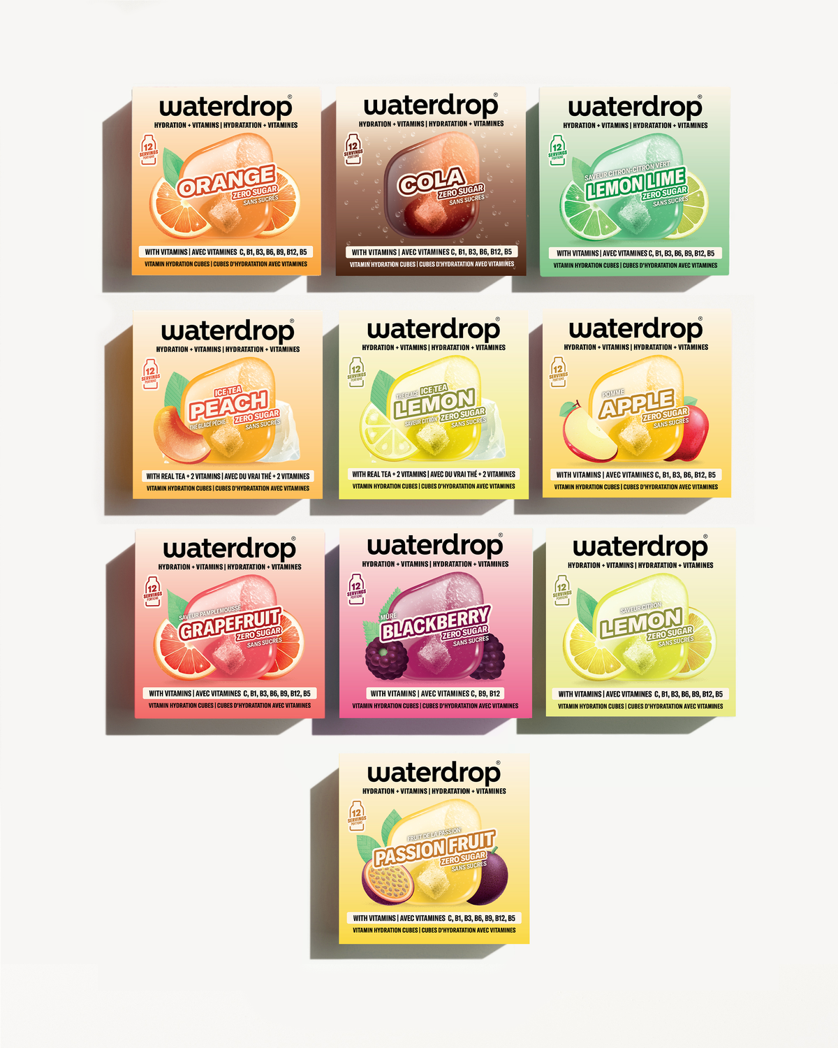 Assortiment Waterdrop-smaken boxes in een raster.