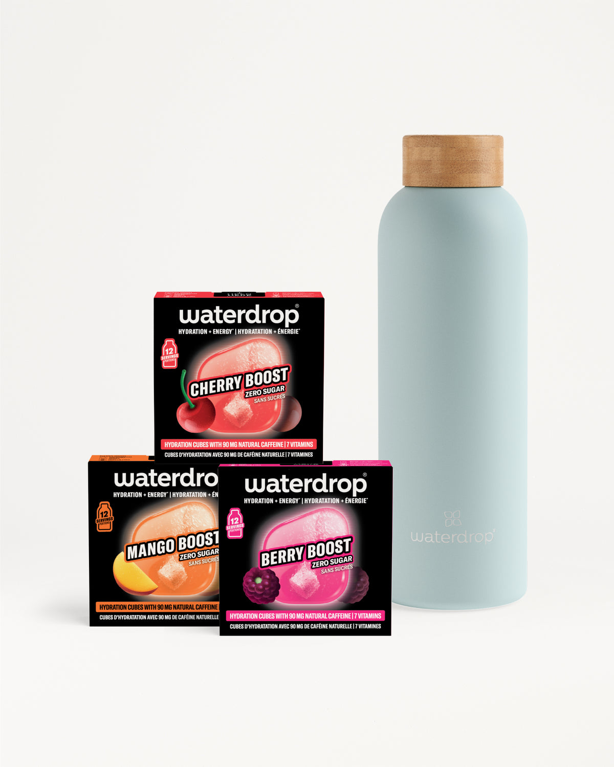 Waterdrop-smaakdozen en een lichtblauwe fles met houten dop.