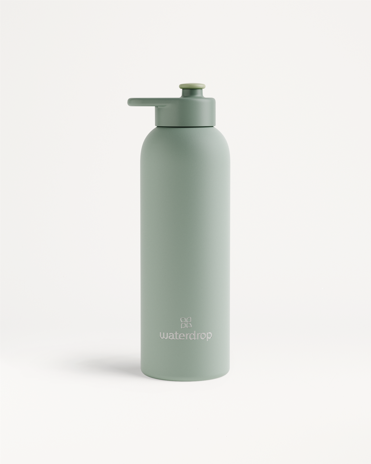 RVS Drinkfles · Sportdop, een matte, herbruikbare waterfles van sage-groene kleur met een geïntegreerde tuit en handvat. Voorzien van het waterdrop logo, houdt dranken lang koel of warm.
