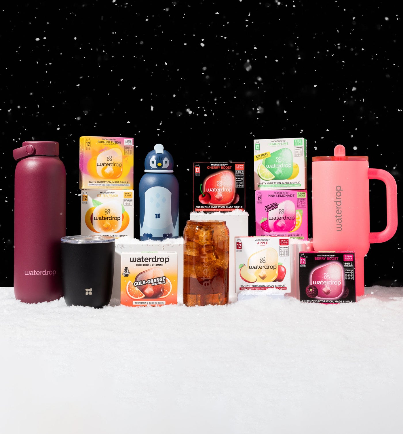 Diverse smaken microdrinks met de tekst Waterdrop Days & "kortingen" in diverse talen