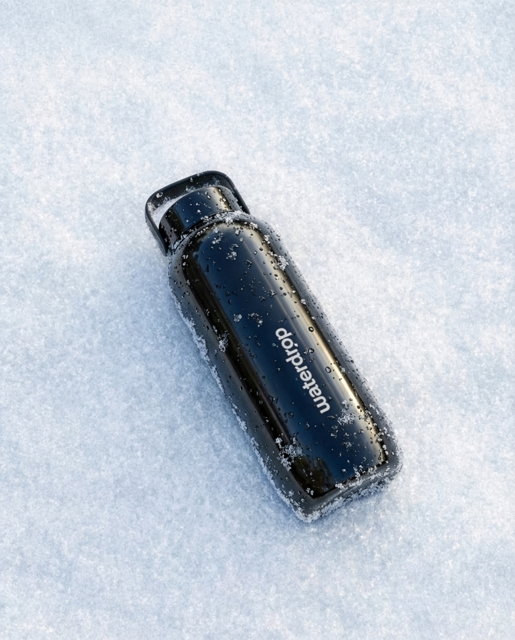 All-Purpose Thermo Glossy fles ligt op sneeuw, bedekt met ijs- en waterdruppels. De fles heeft een schroefdop en een zichtbaar logo, 800 ml limited edition, van waterdrop® NL.