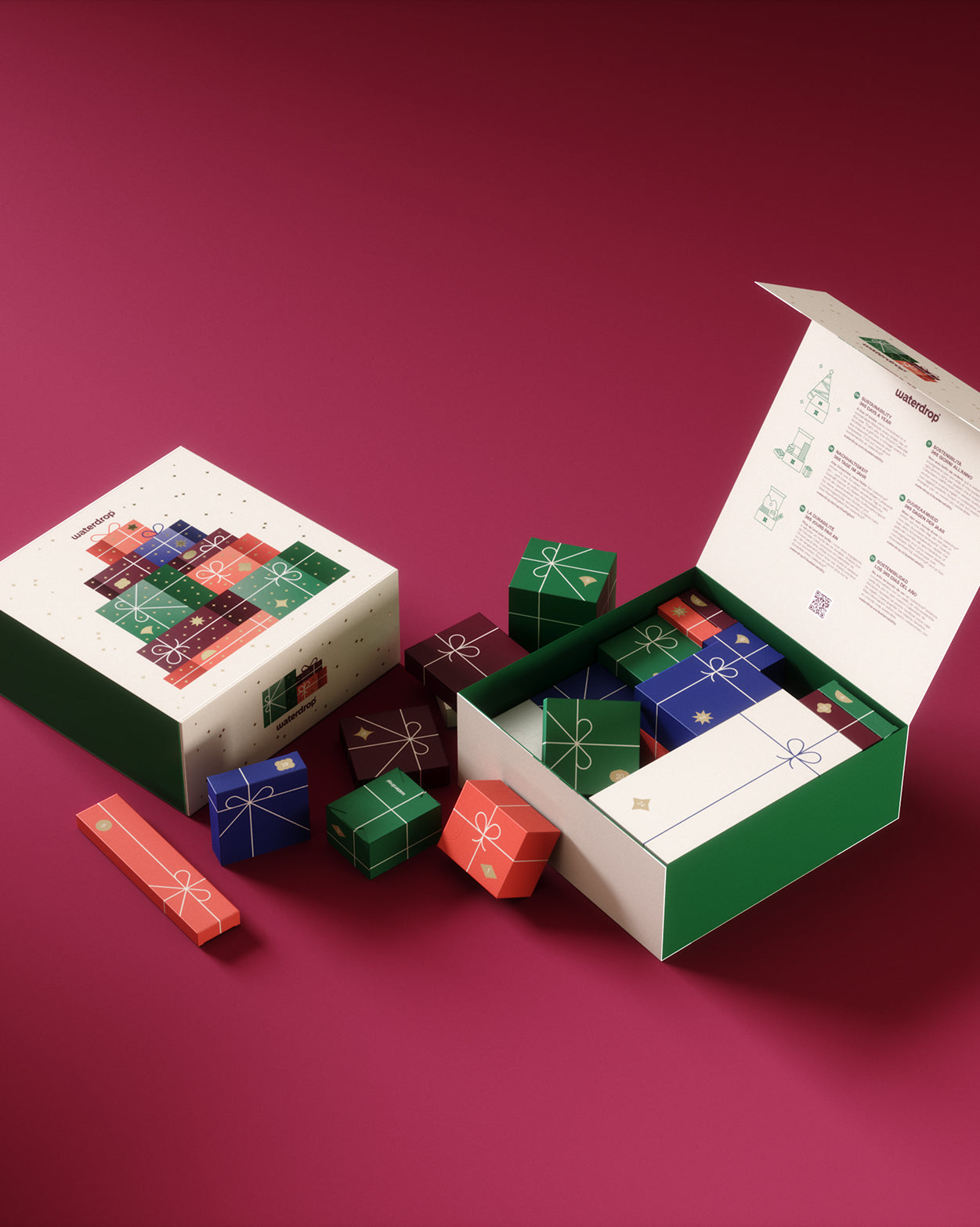 Large adventskalender met Waterdrop-merk, open doos onthult kleurrijke cadeaublokjes en een lange doos met strikmotief, met instructies en QR-code in de deksel, perfect voor feestelijke hydratatie.