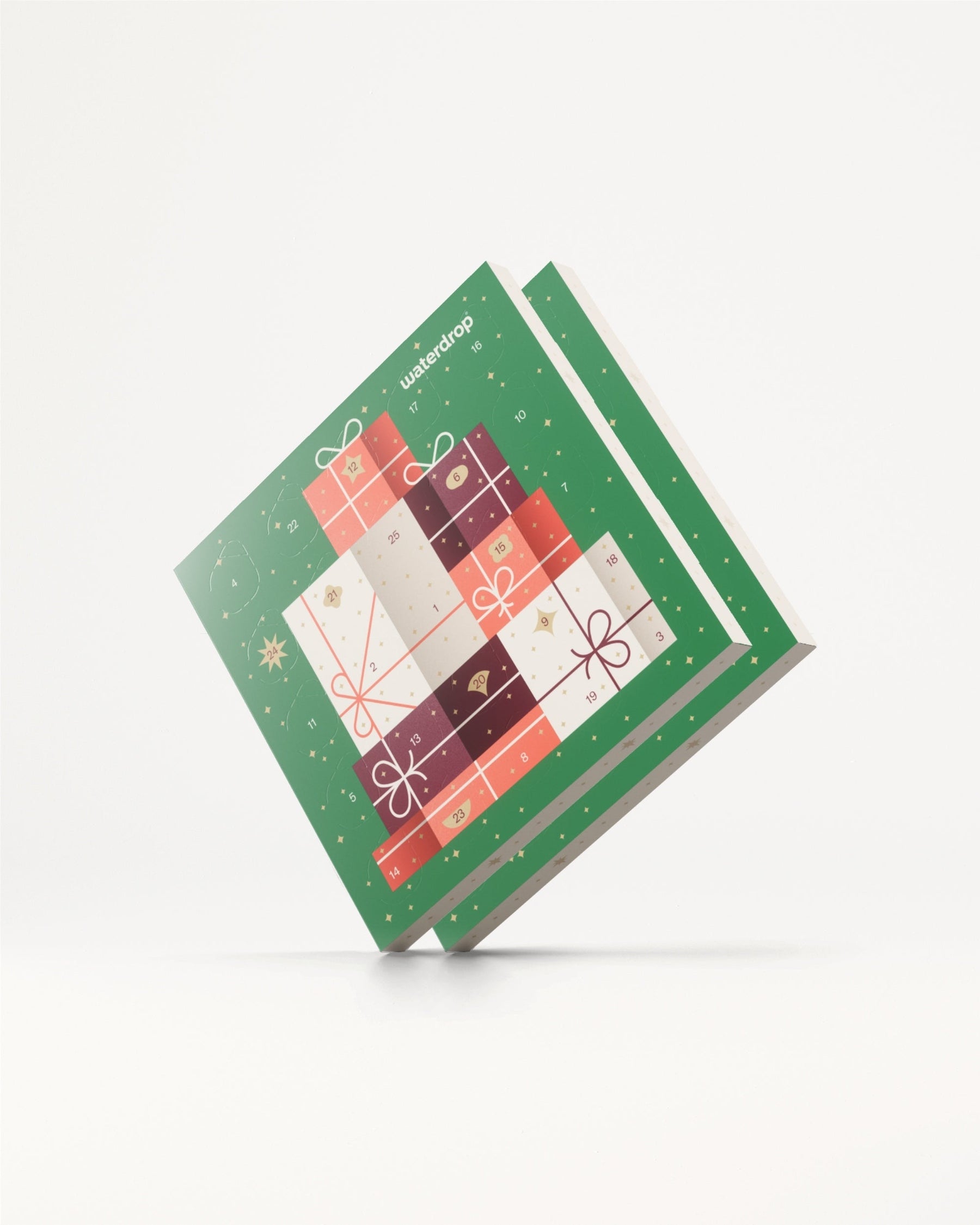 Kleine adventskalender duopakket van waterdrop®: Een feestelijke adventskalender met 25 genummerde deurtjes, perfect voor samen aftellen naar kerst met fruitige waterblokjes, inclusief een exclusieve smaak.