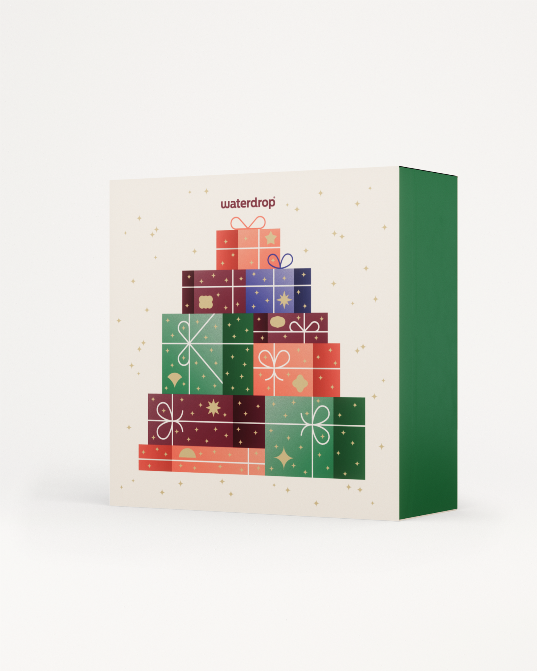 Grote adventskalender van waterdrop®, versierd met een piramide van geschenkdoosillustraties, biedt feestelijke drinkitems en cadeaus, prachtig verpakt in een herbruikbare doos.