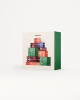 Grote adventskalender van waterdrop®, geïllustreerd met kleurrijke, cadeau-achtige blokjes. Perfect voor de feestdagen, biedt het een mix van feestelijke drinkitems en hydratatieblokjes in een herbruikbare geschenkdoos.