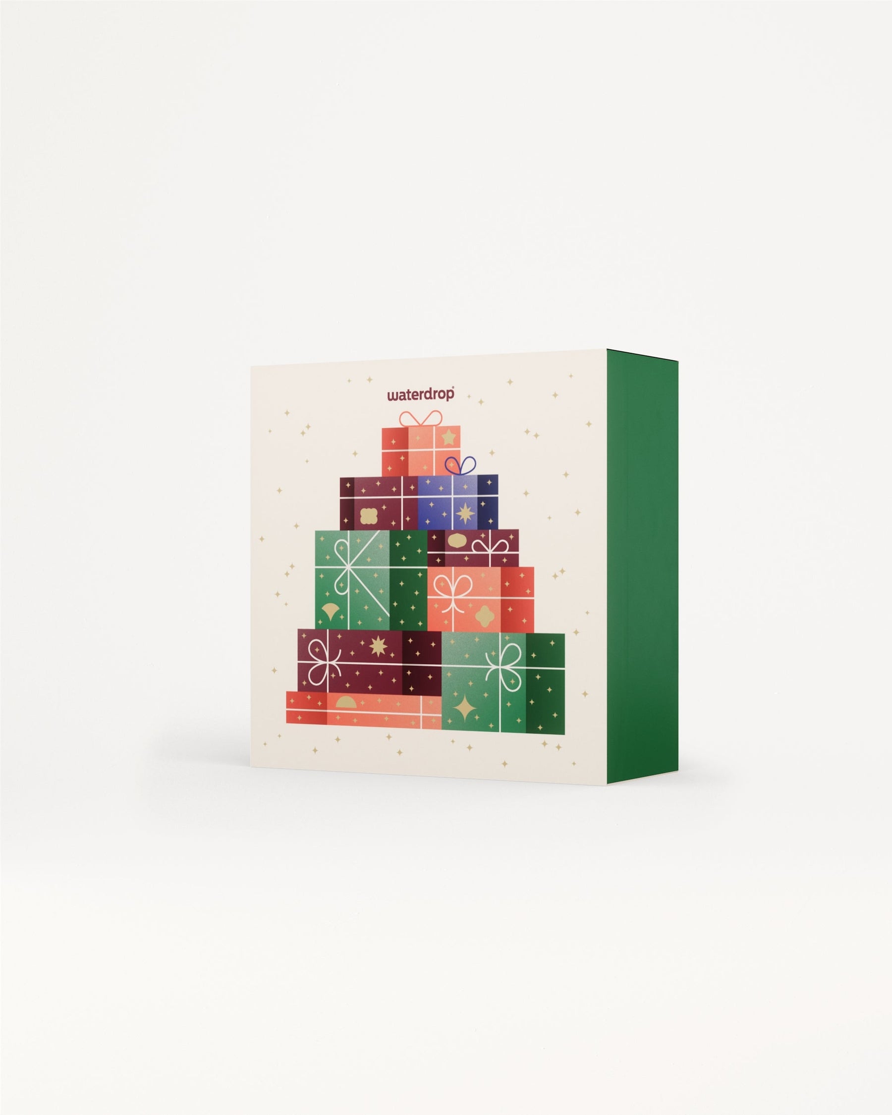 Grote adventskalender van waterdrop®, geïllustreerd met kleurrijke, cadeau-achtige blokjes. Perfect voor de feestdagen, biedt het een mix van feestelijke drinkitems en hydratatieblokjes in een herbruikbare geschenkdoos.