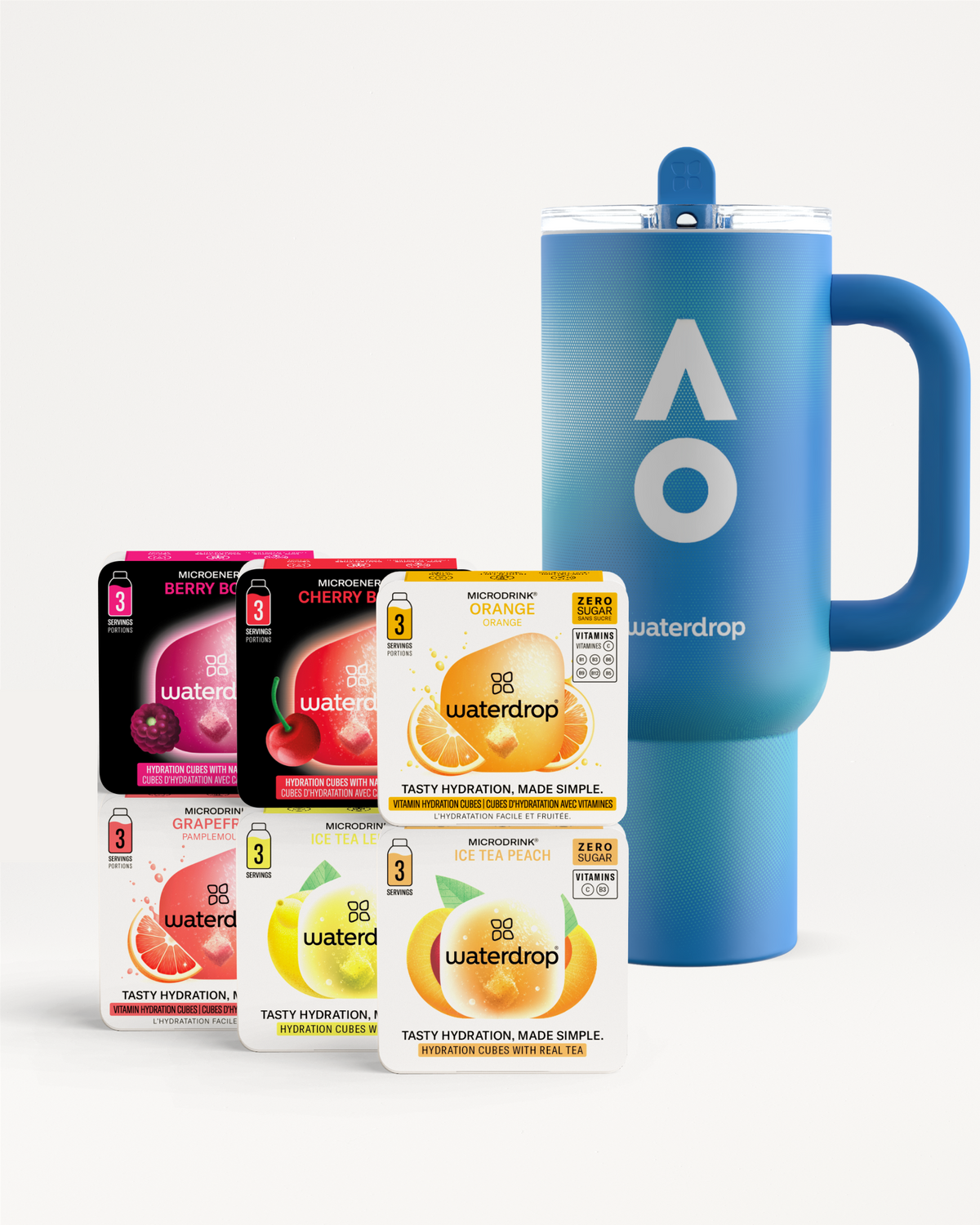 AO26 Explorer Hydration Set with waterdrop® flavors and tumbler.
