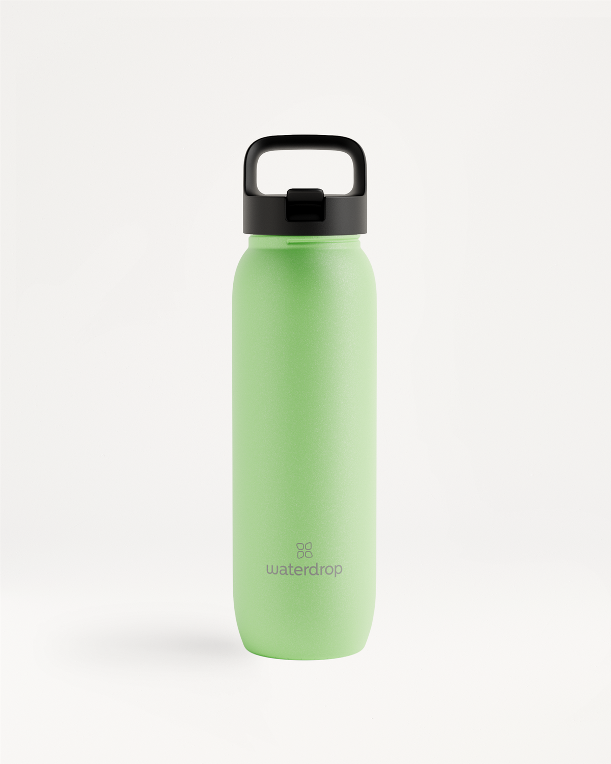 All-Purpose Ultralight · Dop met rietje: Een lichtgewicht, pale-green roestvrijstalen waterfles met waterdrop-logo en zwarte draagbare schroefdop, ideaal voor dagelijks gebruik en avonturen, inhoud 800 ml of 1,2 liter.