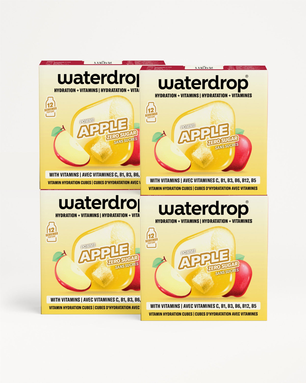 Productafbeelding van Waterdrop 3+1 APPEL vitamine-hydratatieblokjes. Gele doosjes met appelaroma en vitamines C, B1, B3, B6, B12, B5, zonder suikers, 12 porties, ideaal voor smaakvolle hydratatie.