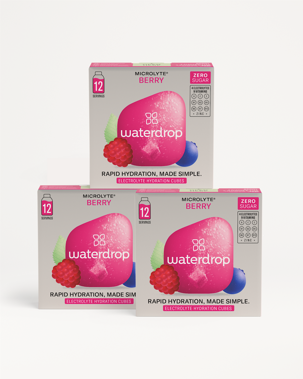 Microlyte 2+1 sportdrinks set met blokjes boordevol elektrolyten, vitaminen en zink, ideaal voor trainingen. Kies uit smaken zoals BERRY, BLUEBERRY, GRAPEFRUIT of MELON, verpakt in herkenbare waterdrop® stijl.