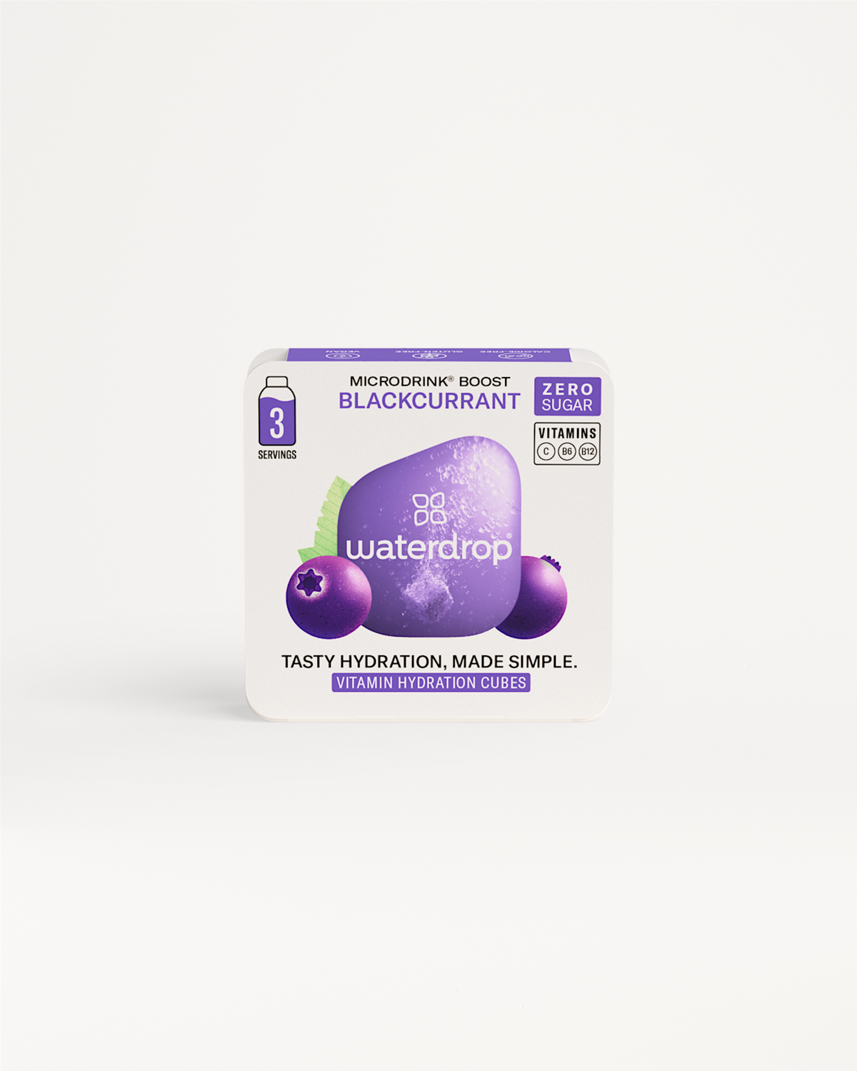 Kies je smaak - 3 drops, een witte vierkante verpakking met paarse bessen, benadrukt de unieke smaakopties van waterdrop®, bekend om hun suikervrije en calorievrije drinkproducten.