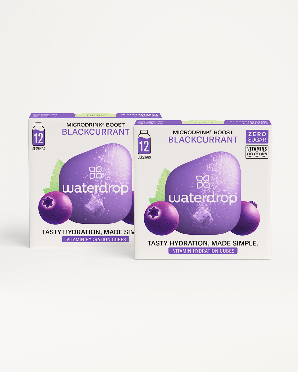 CASSIS Dubbelpack: Twee paarse ronde objecten met een ster, symbool van waterdrop®'s smaakvolle Microdrink met zwarte bessen en vlierbessen, perfect voor clubleden die genieten van suikervrije hydratatie.