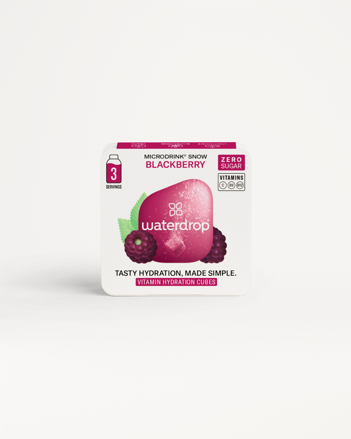 Kies je smaak - 3 drops: een close-up van een doosje met het waterdrop®-logo, omringd door fruitige elementen, benadrukt de suikervrije en calorievrije Microdrink-optie in een stijlvol ontwerp.