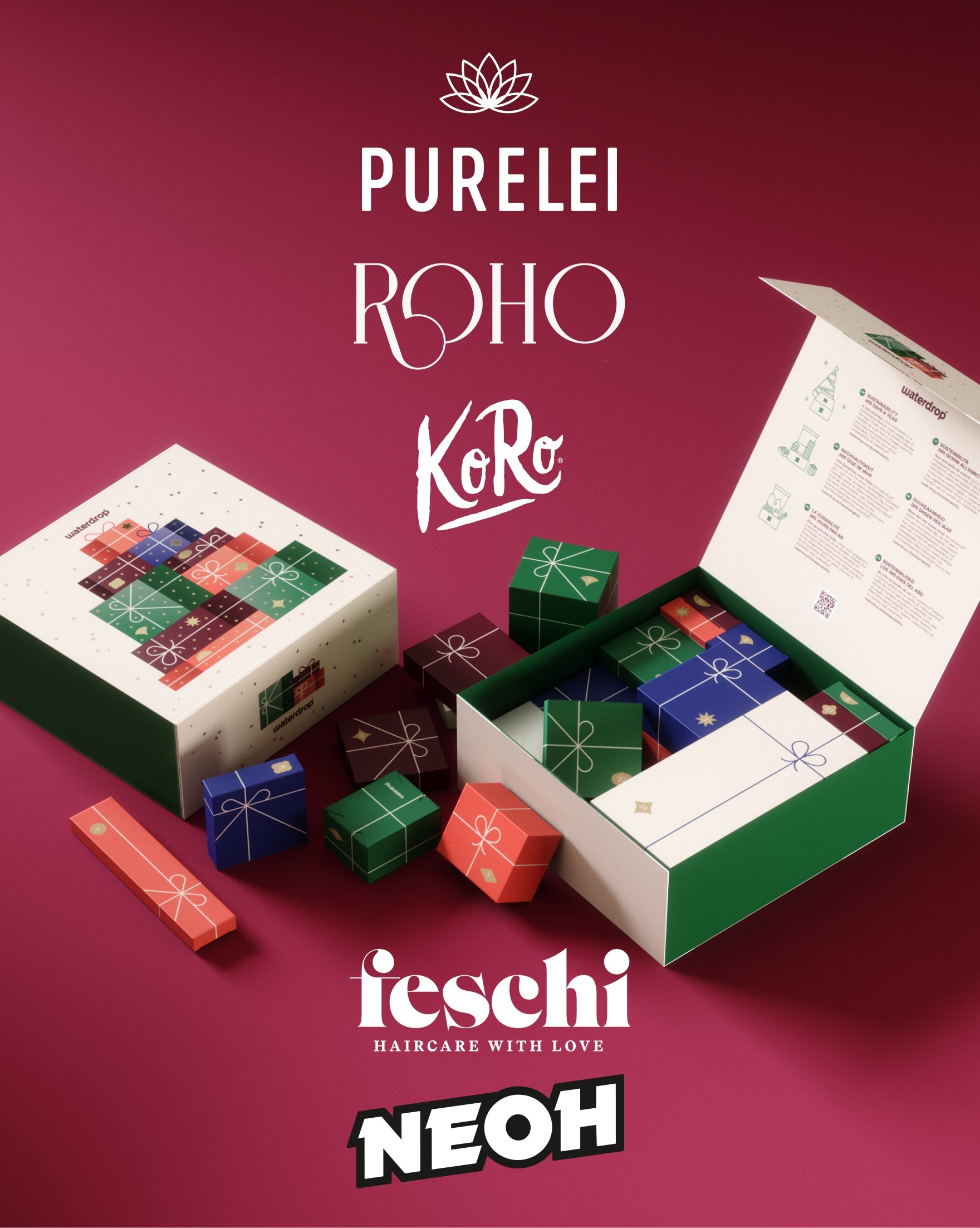 Adventskalenderset met een grote doos gevuld met kleinere cadeaupakketjes van merken als Purelei en NEOH, onderdeel van waterdrop®’s kerstaanbod. Geschikt voor liefhebbers van suikervrije waterproducten.