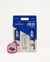 Close-up van de Dunlop TriPack ATP Tour, bestaande uit een Limited Edition Thermo, hydratatieblokjes met elektrolyten, en een set van 8 premium Dunlop tennisballen, klaar voor topprestaties.