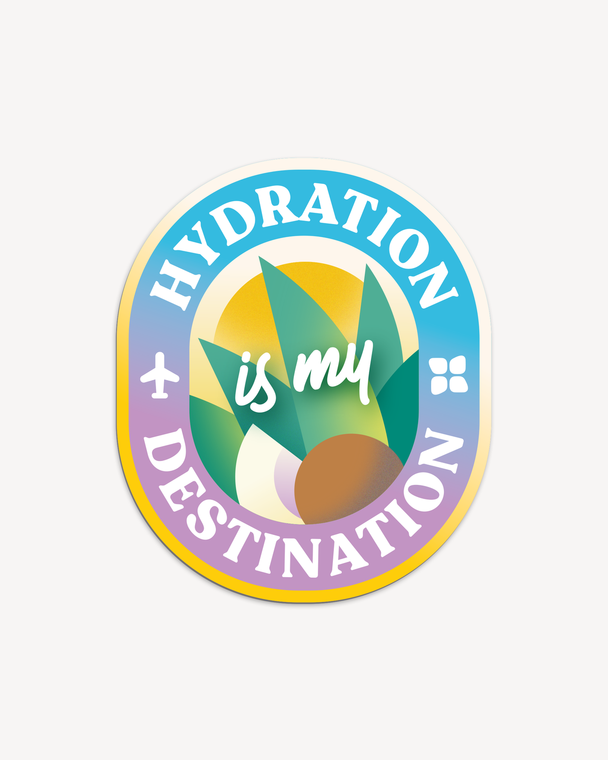 Sticker Kies je goodie met tekst Hydration is my Destination, tropische illustratie met zon, palmbladeren en kokosnoten, symboliseert waterdrop®'s focus op hydratatie en vakantiegevoel.