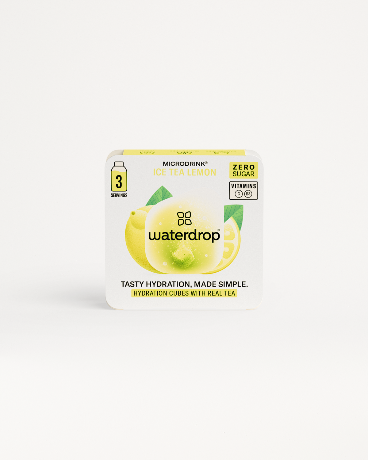 Kies je smaak - 3 drops: een close-up van het productlogo en ontwerp, passend bij waterdrop® NL’s focus op smaakvolle, suikervrije en calorievrije waterblokjes verpakt in vierkante kartonnen dozen.