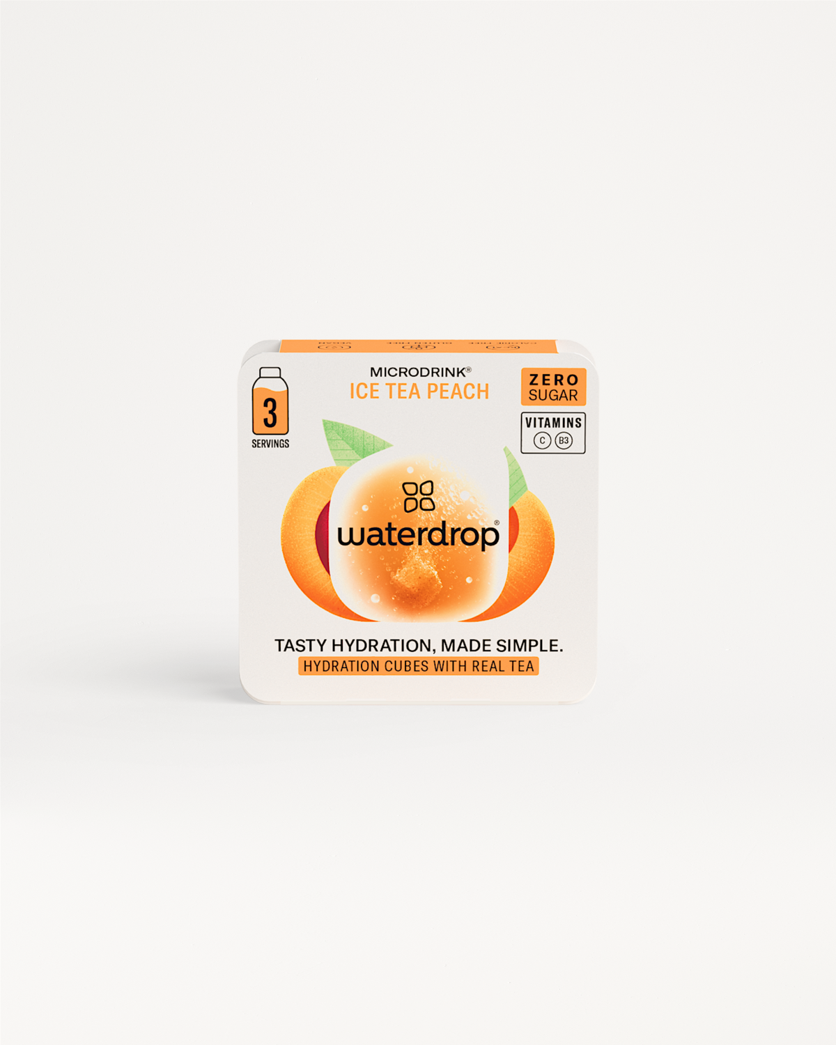 Kies je smaak - 3 drops: Een close-up van het waterdrop®-logo naast een groene bladmotief, omlijst door zwarte en oranje tekst. Geschikt voor suikervrije en calorievrije waterdrankjes.