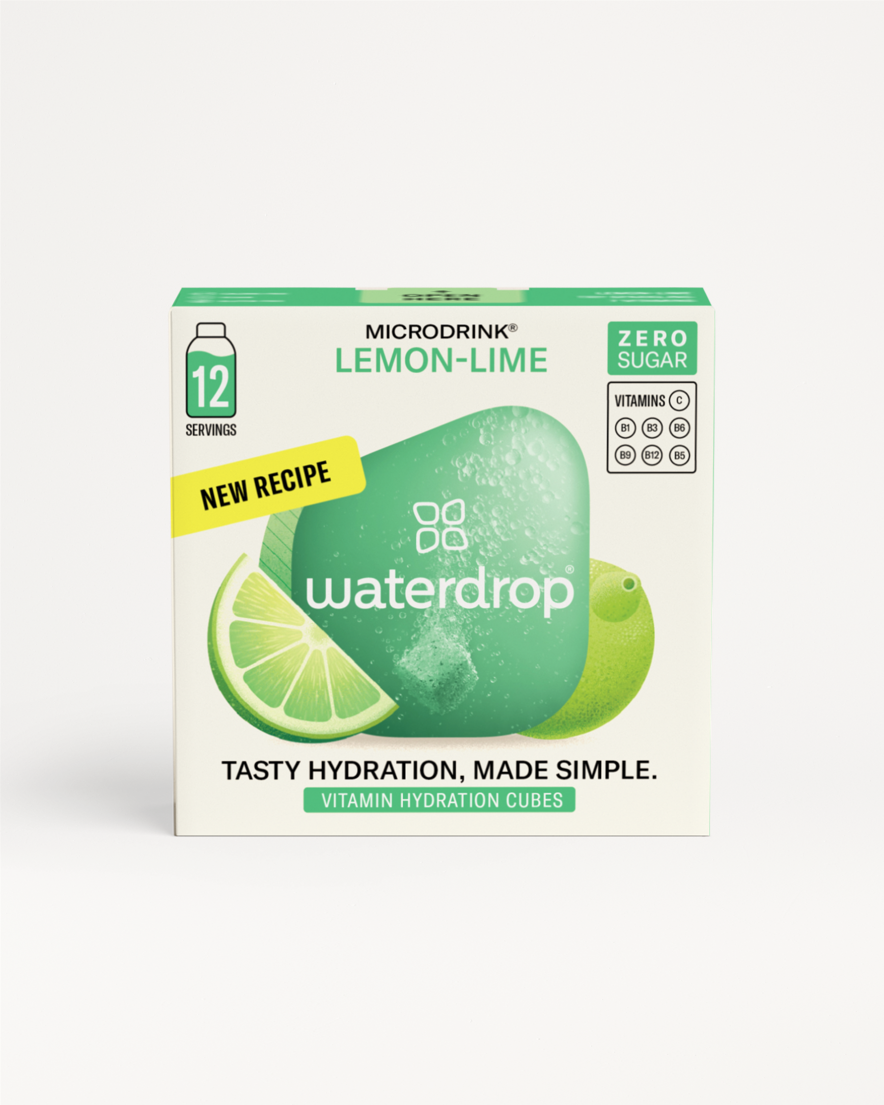 Retail box van waterdrop® “Microdrink” CITROEN LIMOEN/FROSTED LIME, met 12 suikervrije, vitamine verrijkte hydratatieblokjes. De verpakking benadrukt een nieuwe frisse citroen-limoensmaak met vitamines C, B1, B3, B5, B6, B9, B12.